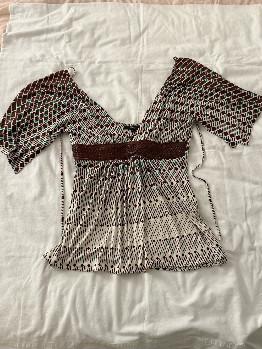 Y2K Sky 100 Percent Silk Geometric Boho Blouse Empire Waist Kimono Sleeve Top L